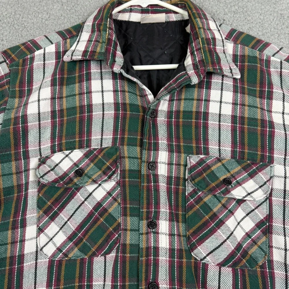 Field & Stream Mens M Plaid Quilted‎ Lined Flannel Shirt Jacket Green Burgundy
